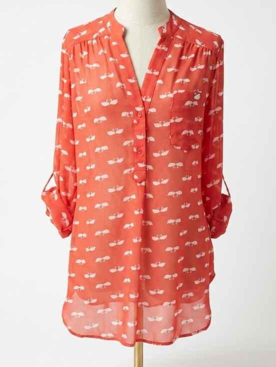 Anthropologie Tops - Anthropologie Pleione Swan Print Mandarin Collar Blouse Tunic Red Orange S